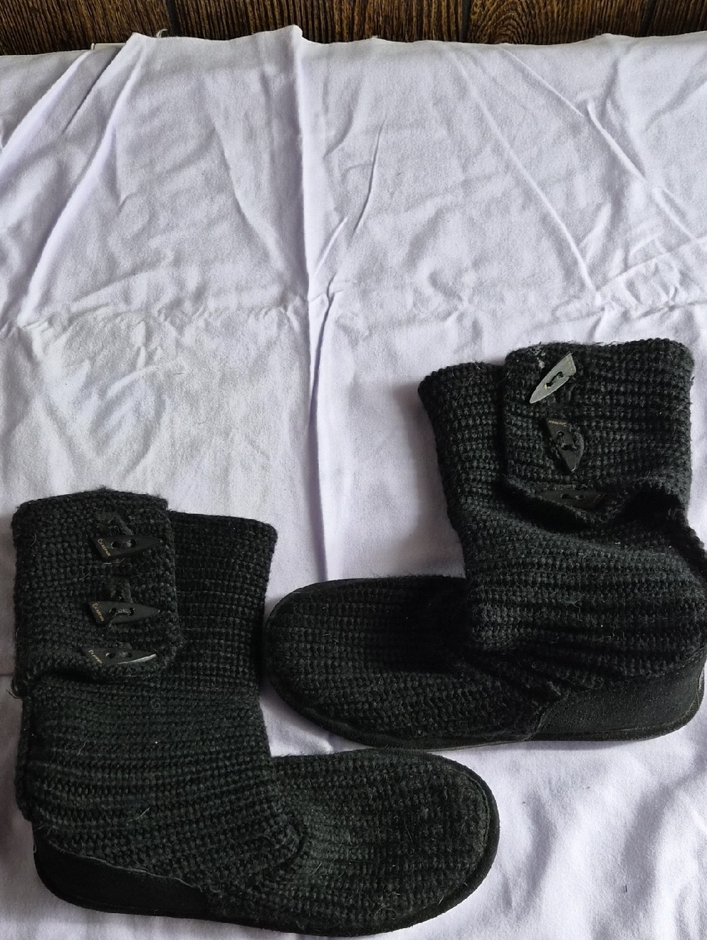 BearPaw Black Knit Boot Slippers with Toggle Details